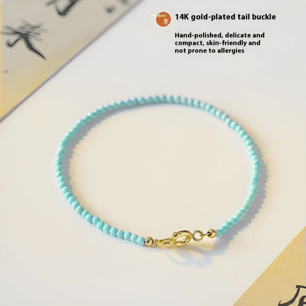 Close-up of a geometric bracelet made from small 2mm turquoise beads, shown in both raw and polished finishes, with a sizing chart for 14cm, 15cm, and 16cm wrists.
