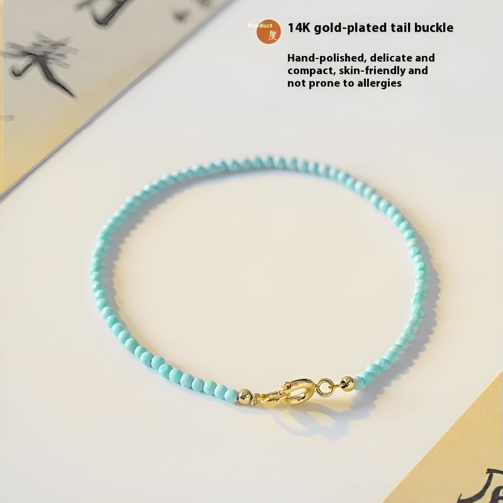 Close-up of a geometric bracelet made from small 2mm turquoise beads, shown in both raw and polished finishes, with a sizing chart for 14cm, 15cm, and 16cm wrists.