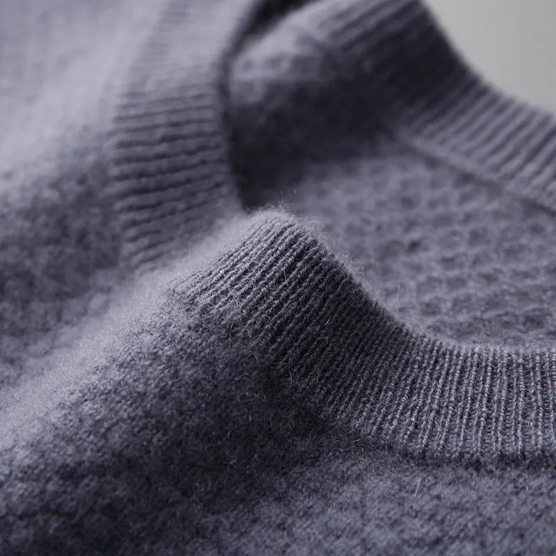 Men's autumn winter cashmere round neck pullover sweater with pineapple stitch in khaki colour