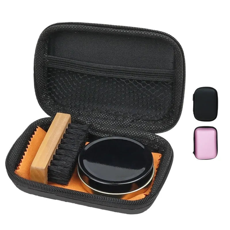 Leather shoe care cleaning set with shoe brush, maintenance oil bottle, and cloth in black bag
