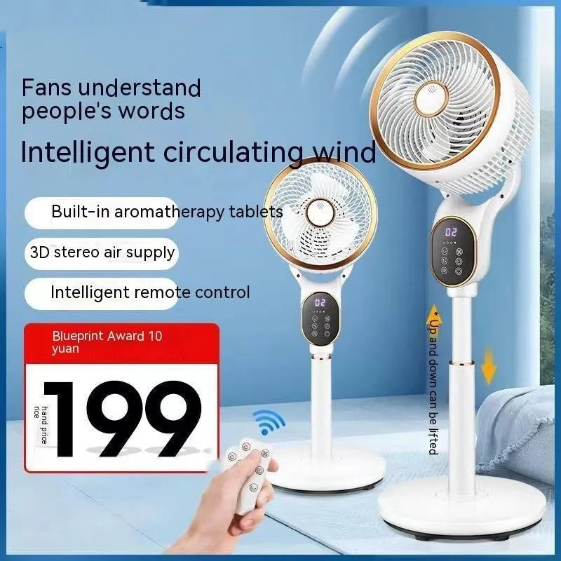 White air circulator fan with lifting column and remote control on a dormitory desk