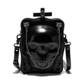 Black gothic crossbody bag with skull design, stitching, rivets, and chain details.