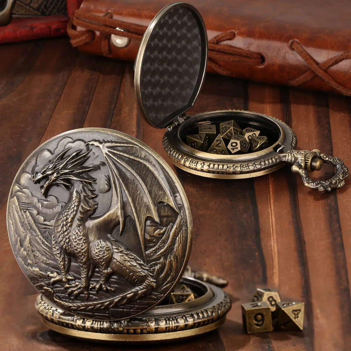 Bronze dice set with 3D carved pocket watch showing seven polyhedral metal dice inside zinc alloy case