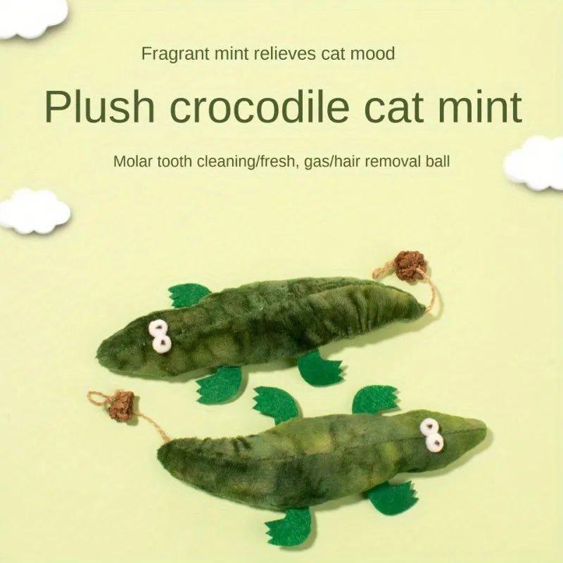Green plush alligator catnip toy measuring 35 cm long with plant-based construction