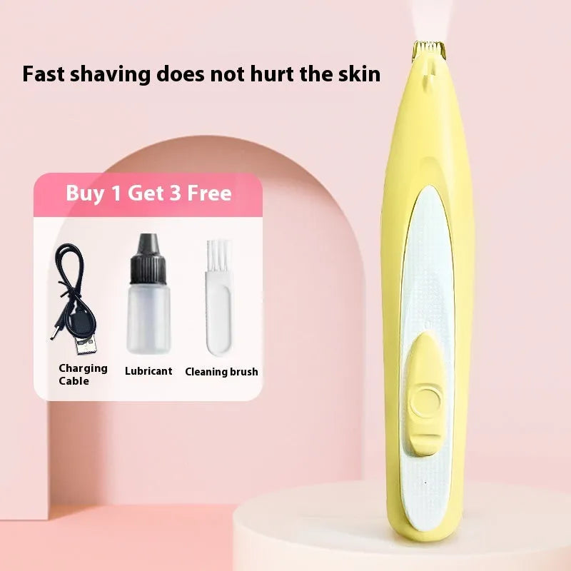 Electric pet nail grinder in four colours (pink, white, blue, yellow) with charging cable and cleaning brush, compact 16.2 x 3cm design