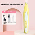 Electric pet nail grinder in four colours (pink, white, blue, yellow) with charging cable and cleaning brush, compact 16.2 x 3cm design