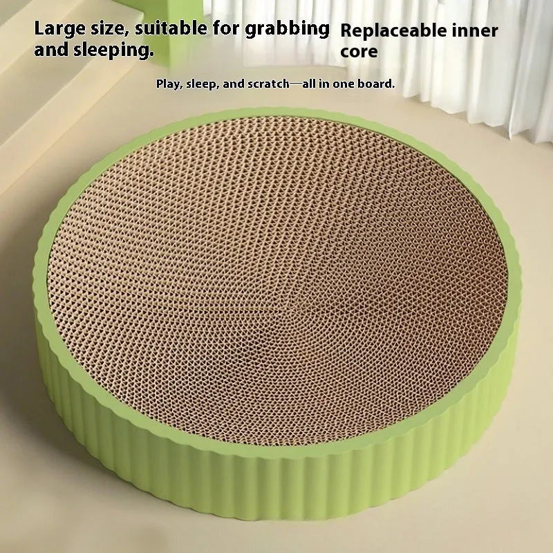 Round green cat scratching board nest with corrugated paper centre, 55 cm diameter