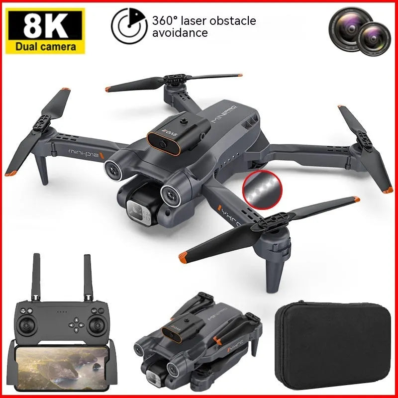 Black and orange remote-controlled quadcopter drone with camera shown folded and unfolded.