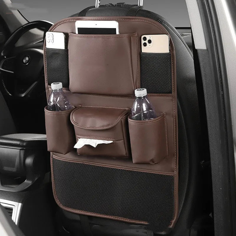 Car seat back storage bag in leather, suspended type, black finish on car seat back