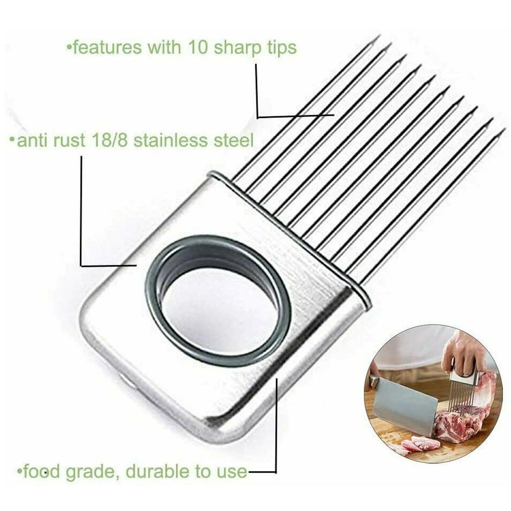 Stainless steel onion holder with sharp prongs and finger guard for cutting vegetables