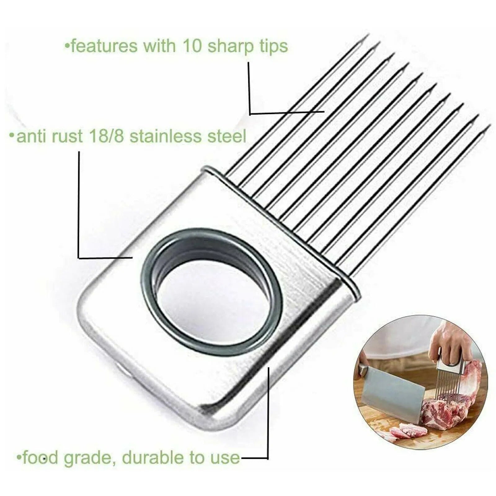 Stainless steel onion holder with sharp prongs and finger guard for cutting vegetables