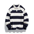 Striped pearl cotton lapel polo shirt in sapphire blue, loose fit, long sleeves, autumn style