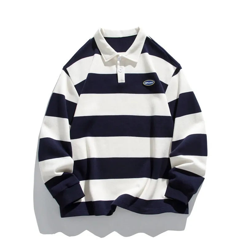 Striped Hong Kong style lapel polo shirt in pearl cotton knit with loose fit long sleeves