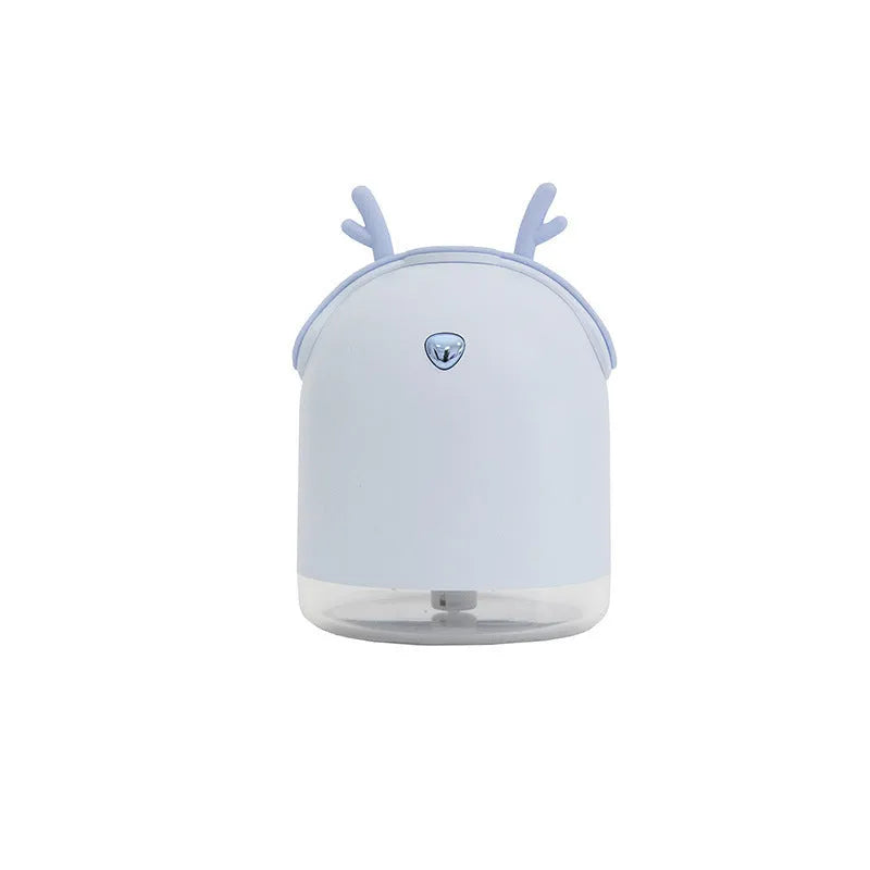 Micron atomisation smart humidifier in purple and yellow, 91mm tall, with USB cable showing timer controls