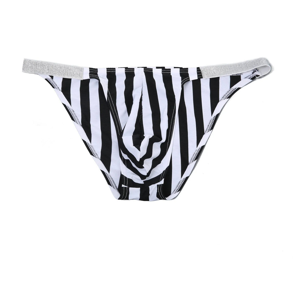 Men's shiny zebra striped nylon briefs with low waist and U pouch design.