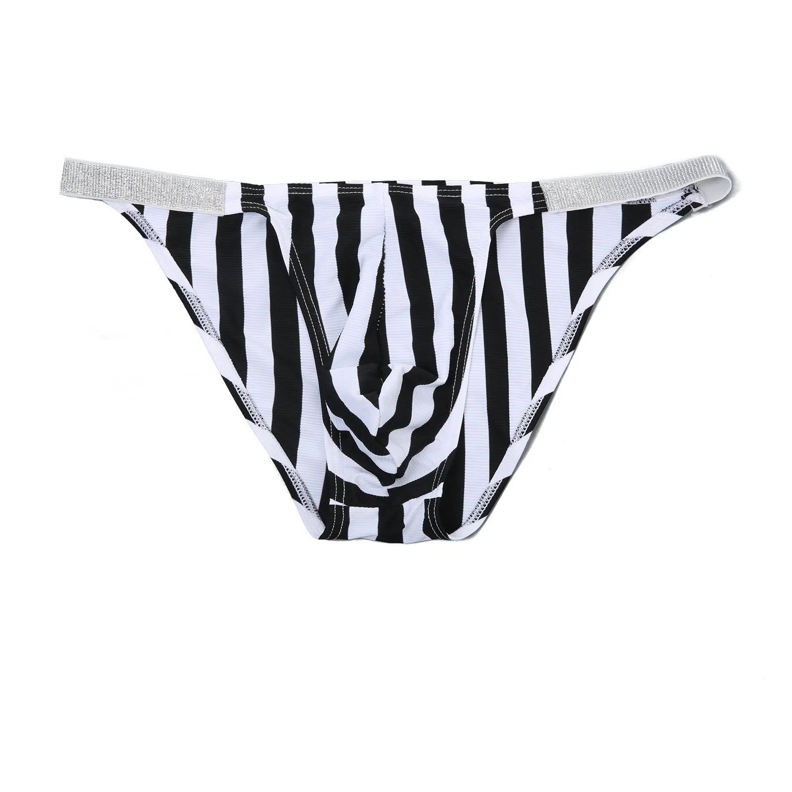 Men's shiny zebra striped nylon briefs with low waist and U pouch design.