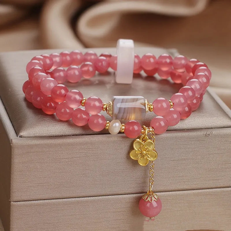 Natural pink chalcedony agate beaded bracelet with auspicious pattern for women