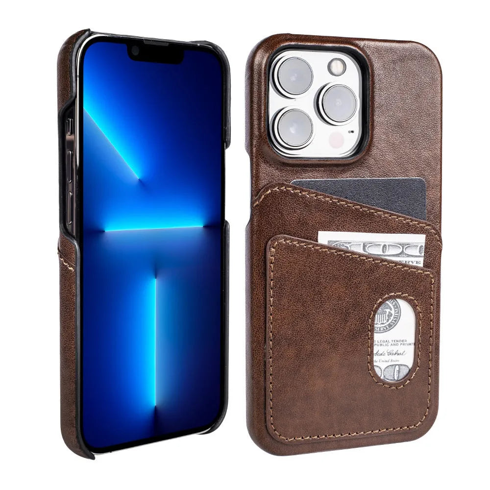 PU leather flip wallet phone case in brown, open view showing card slots for iPhone 13