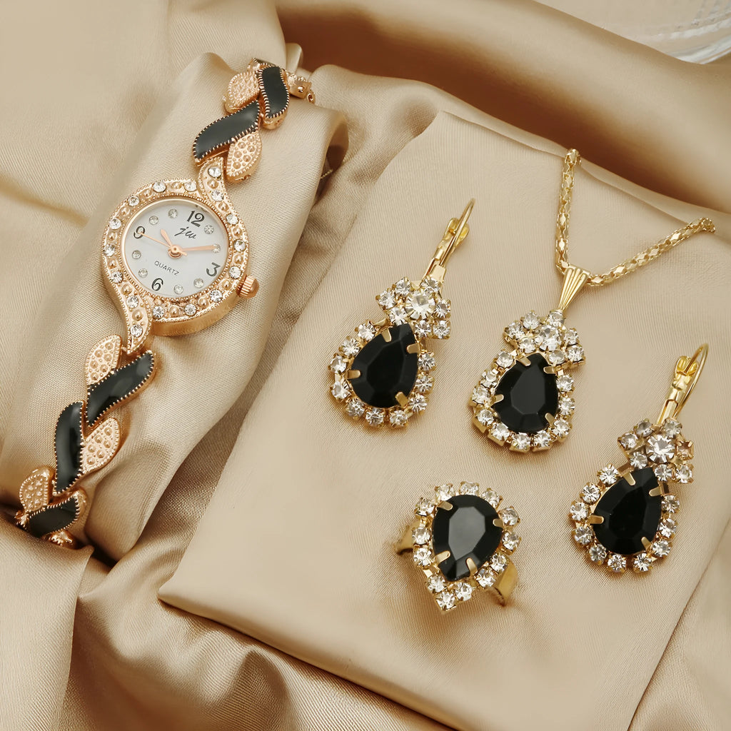 Women's love strap diamond watch set with earrings ring necklace black suit colour
