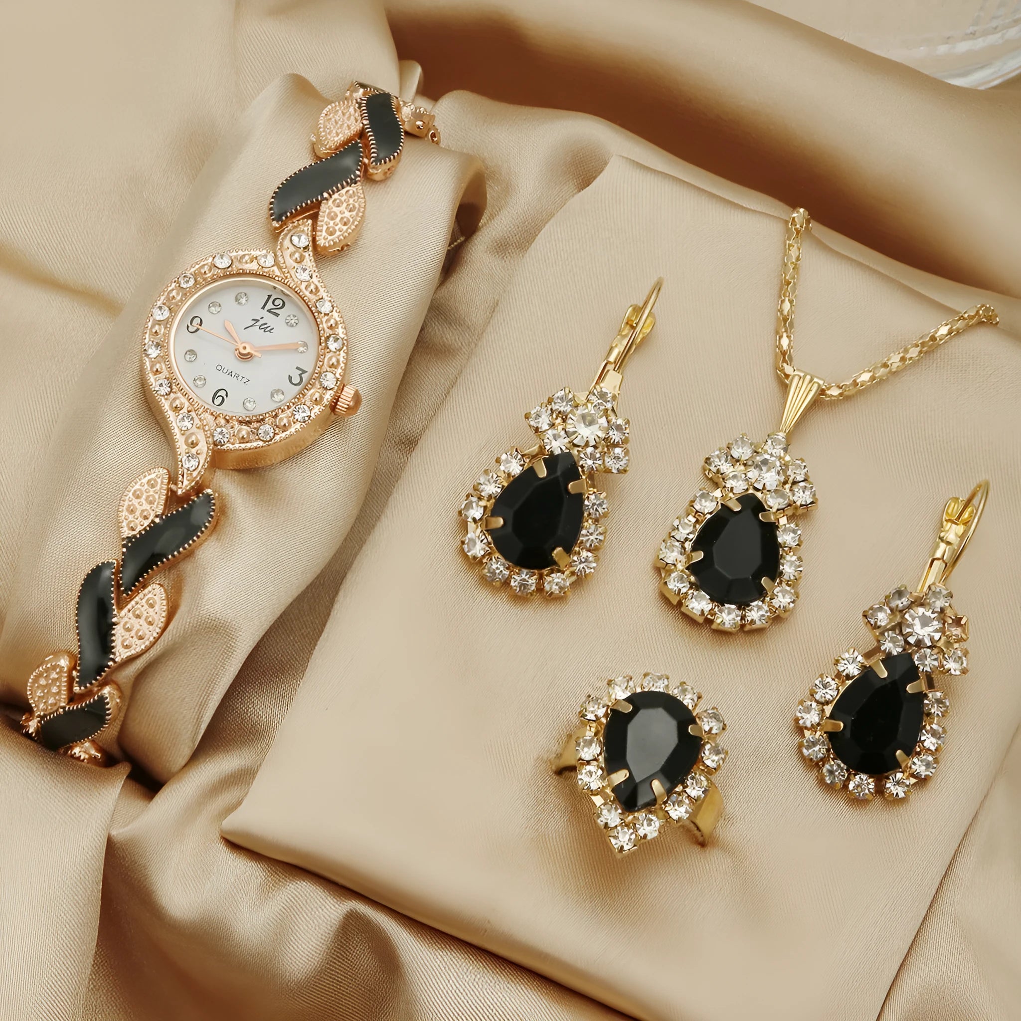 Women's love strap diamond watch set with earrings ring necklace black suit colour