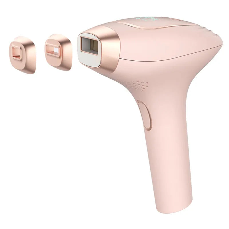 Pink and white three-in-one ice-sensing laser hair removal device with shaver attachment and glasses