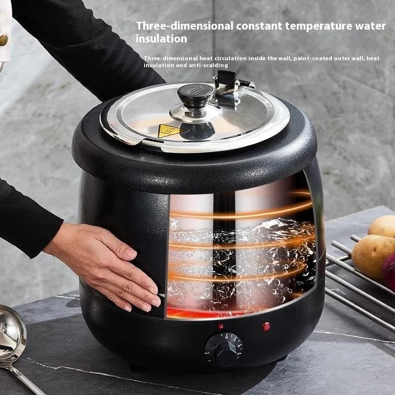 Black electric heating soup pot with stainless steel interior and large mouth cover for commercial kitchen use