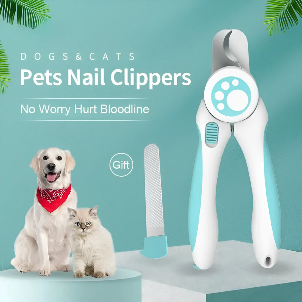 Blue and white pet nail clippers with safety guard for dogs and cats
