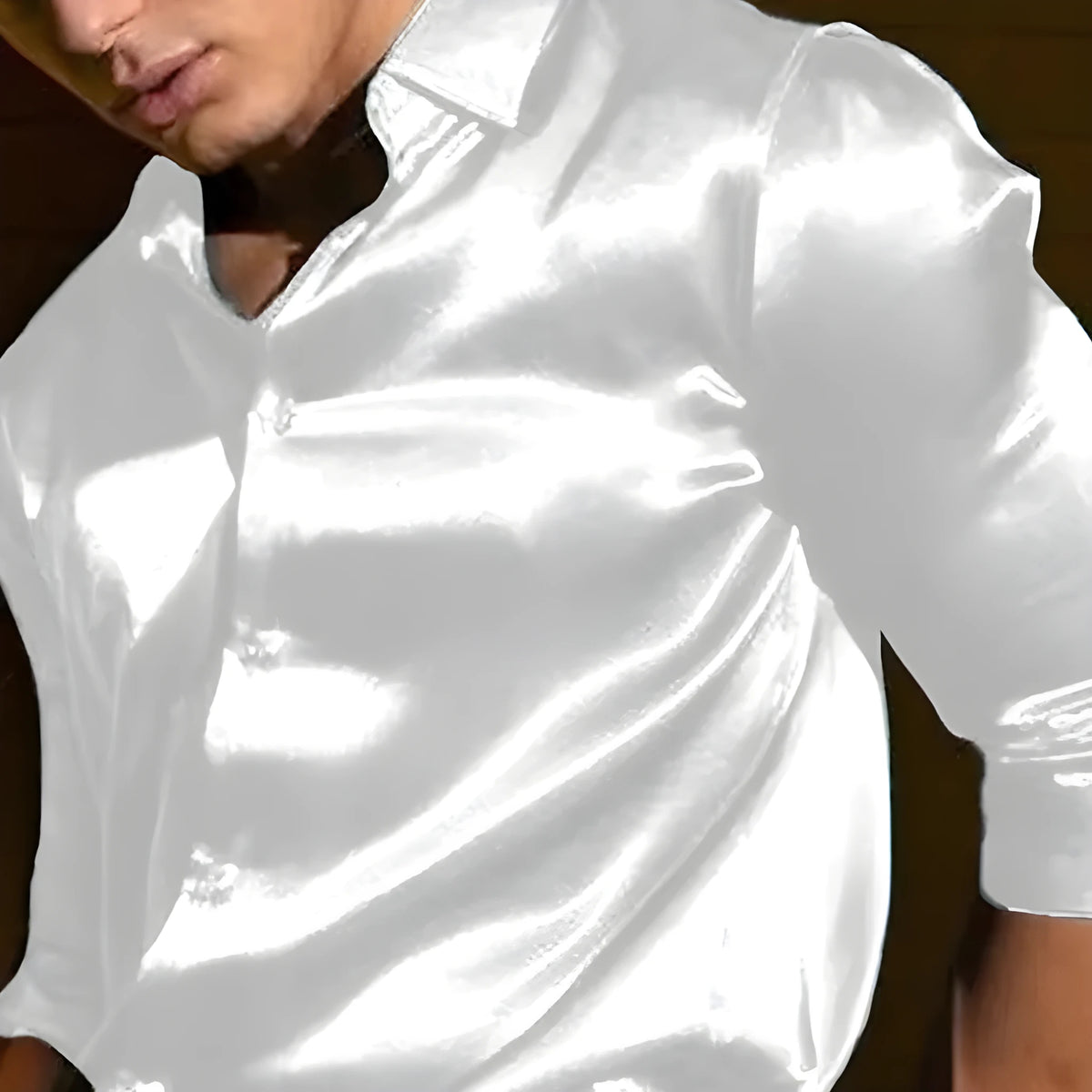 Men's shiny surface lapel long sleeve solid colour shirt in black, slim fit polyester