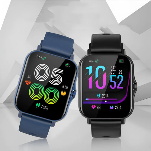 Bluetooth smart watch with heart rate and blood pressure monitoring on wrist, showing 1.75-inch curved touch screen