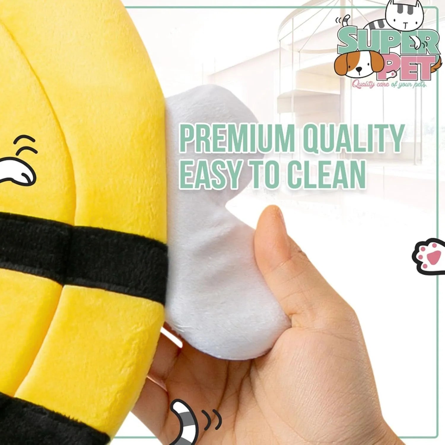 Soft cat cone collar with cute bee design showing Velcro closure and adjustable sizing