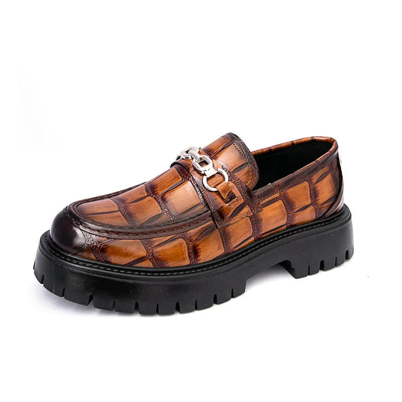 Men's black crocodile pattern leather platform loafers with flat heel