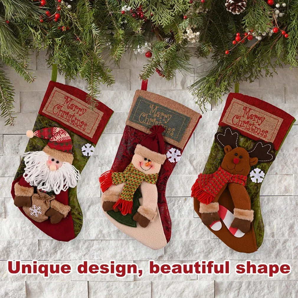 Christmas stocking socks with 3D applique snowman, Santa, and elk designs in mixed colours