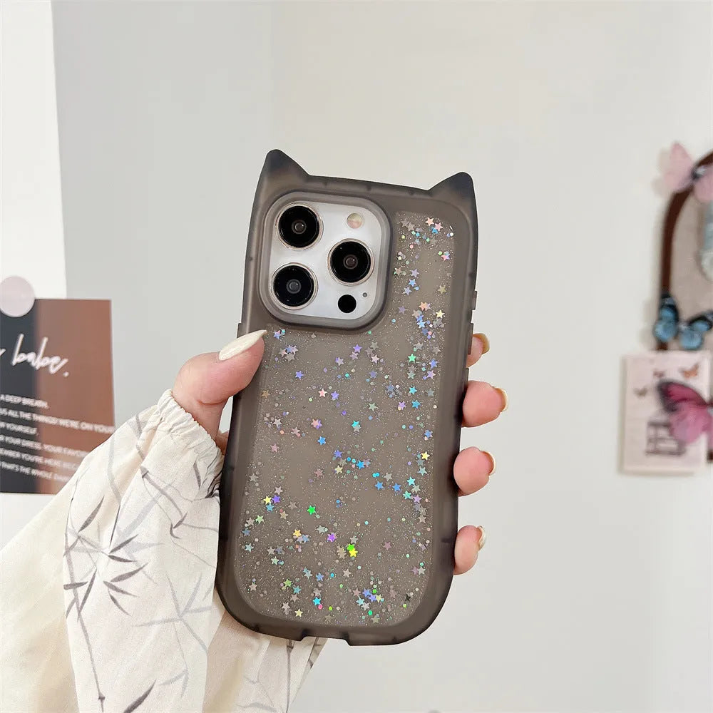 Three-dimensional cat ears epoxy glitter TPU phone case for Apple iPhone in pink with glitter accents