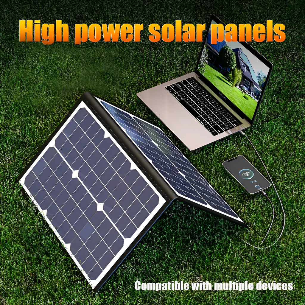 Black 40W single crystal solar panel folded inside its portable carrying bag.