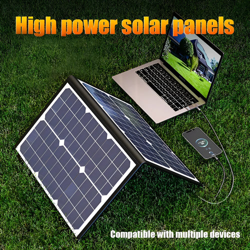 Black 40W single crystal solar panel folded inside its portable carrying bag.