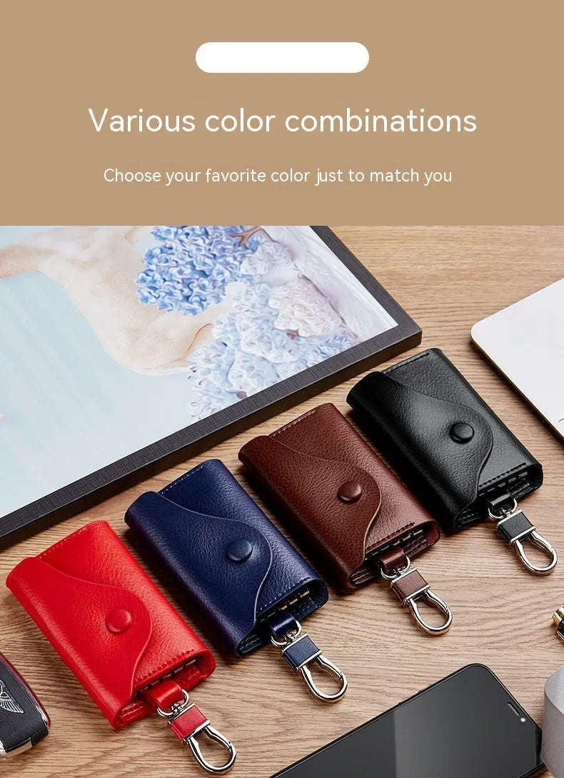 Genuine leather keychain card holder in a square vertical shape, shown in black with sequin details.