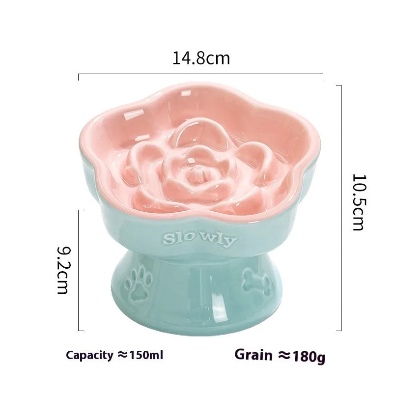 Black ceramic pet bowl with a high foot and neck protector to prevent tipping, shown with flat and slanted rim options.