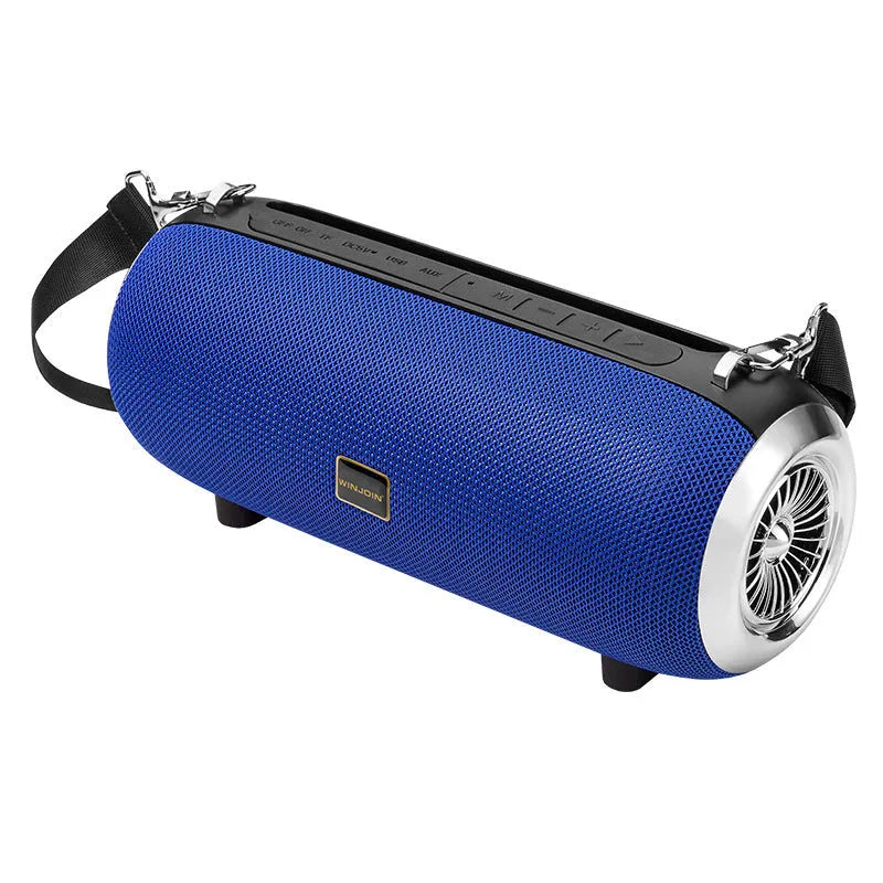 F666 portable Bluetooth speaker with fabric mesh finish, shoulder strap, and display showing FM radio frequency.