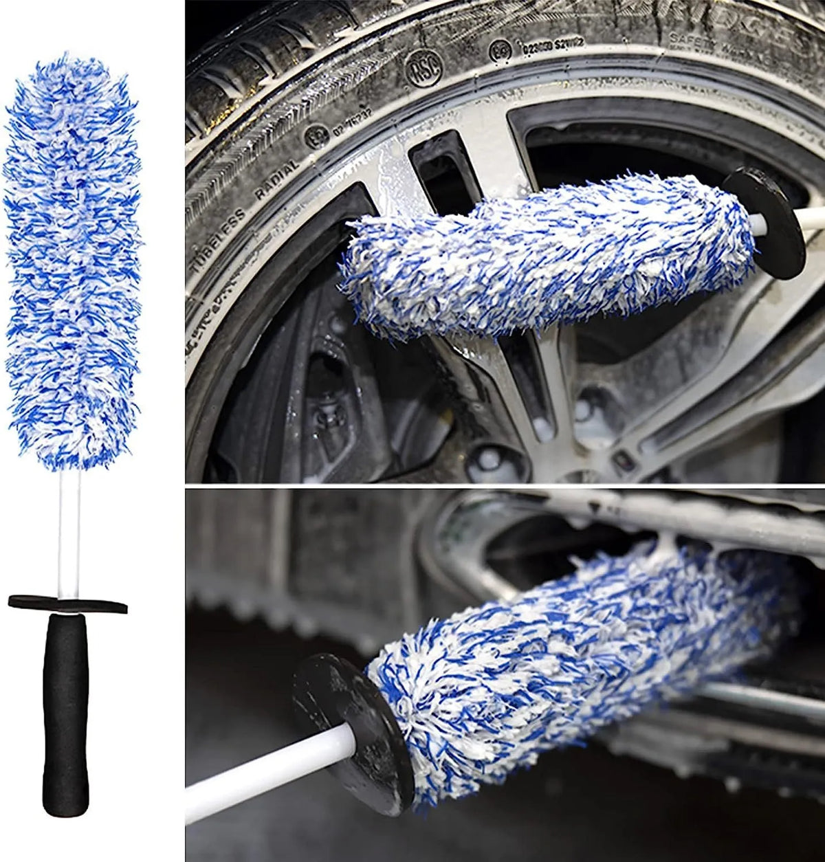 Two steel rim hub cleaning brushes in blue and black with superfine fibre bristles
