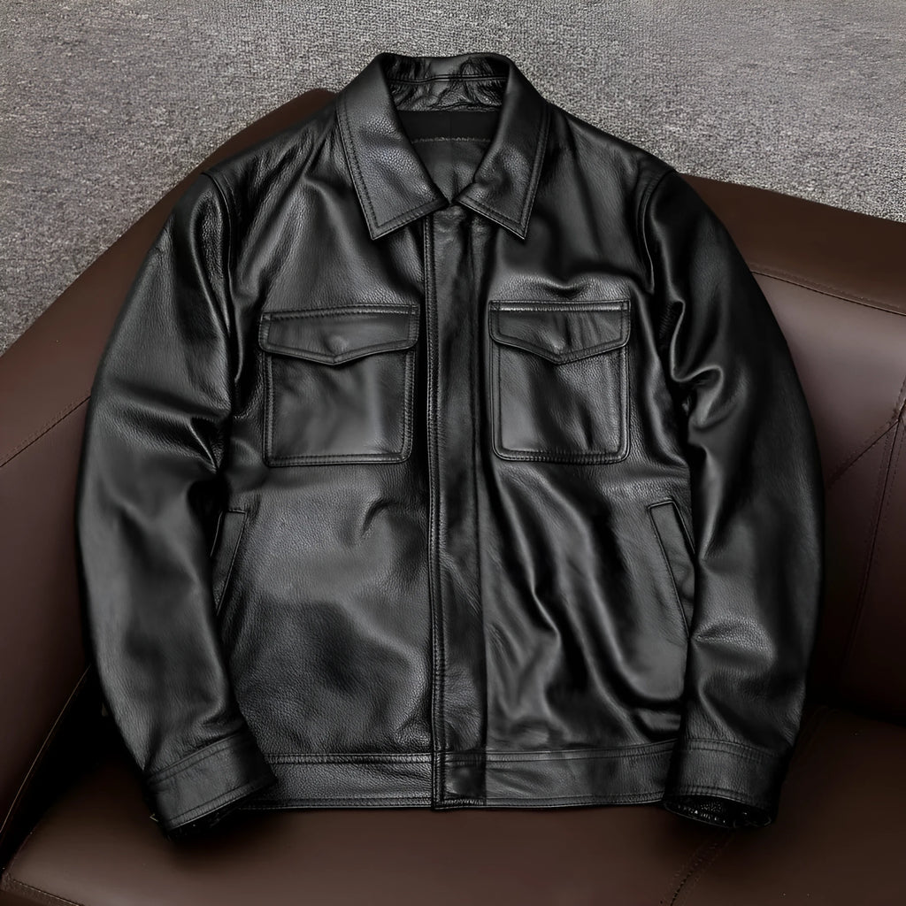 Men's black plus size PU leather jacket with lapel collar and side pockets