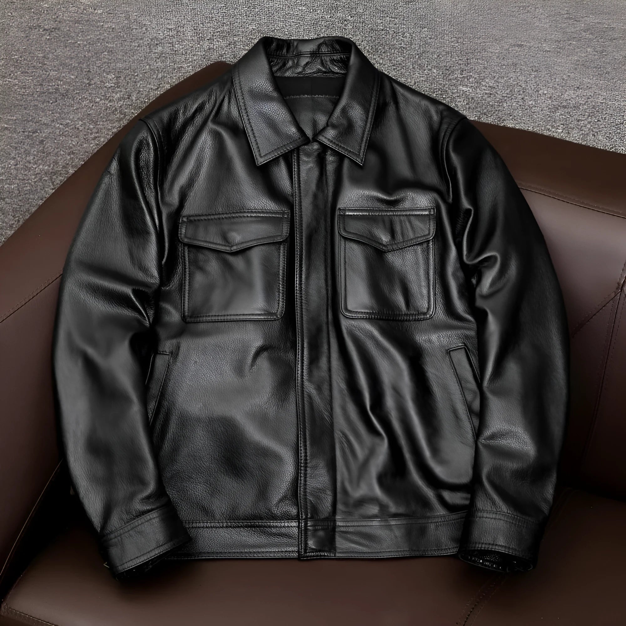 Men's black plus size PU leather jacket with lapel collar and side pockets