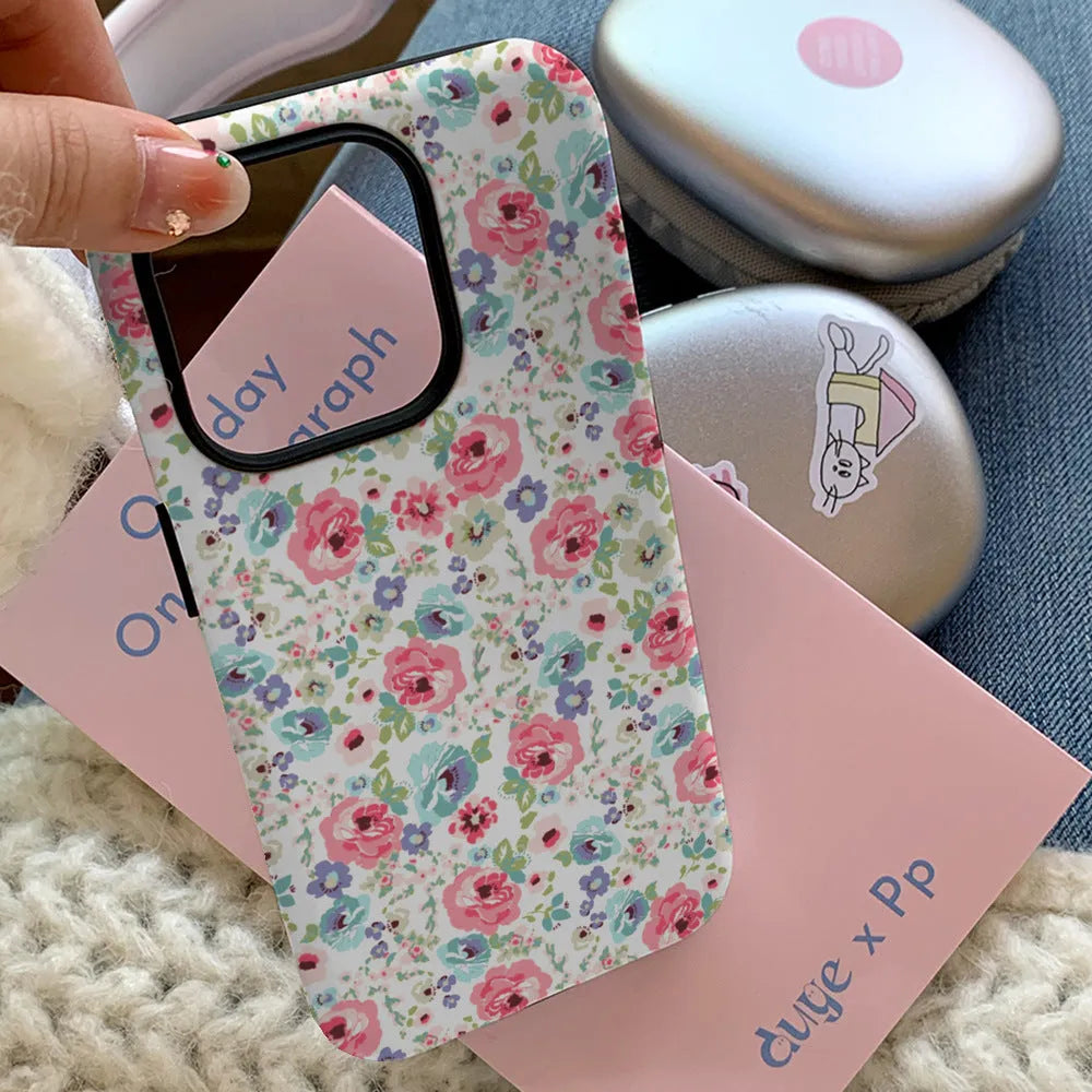 Flower glossy film two-in-one phone case for iPhone with floral oil painting pattern and black back cover