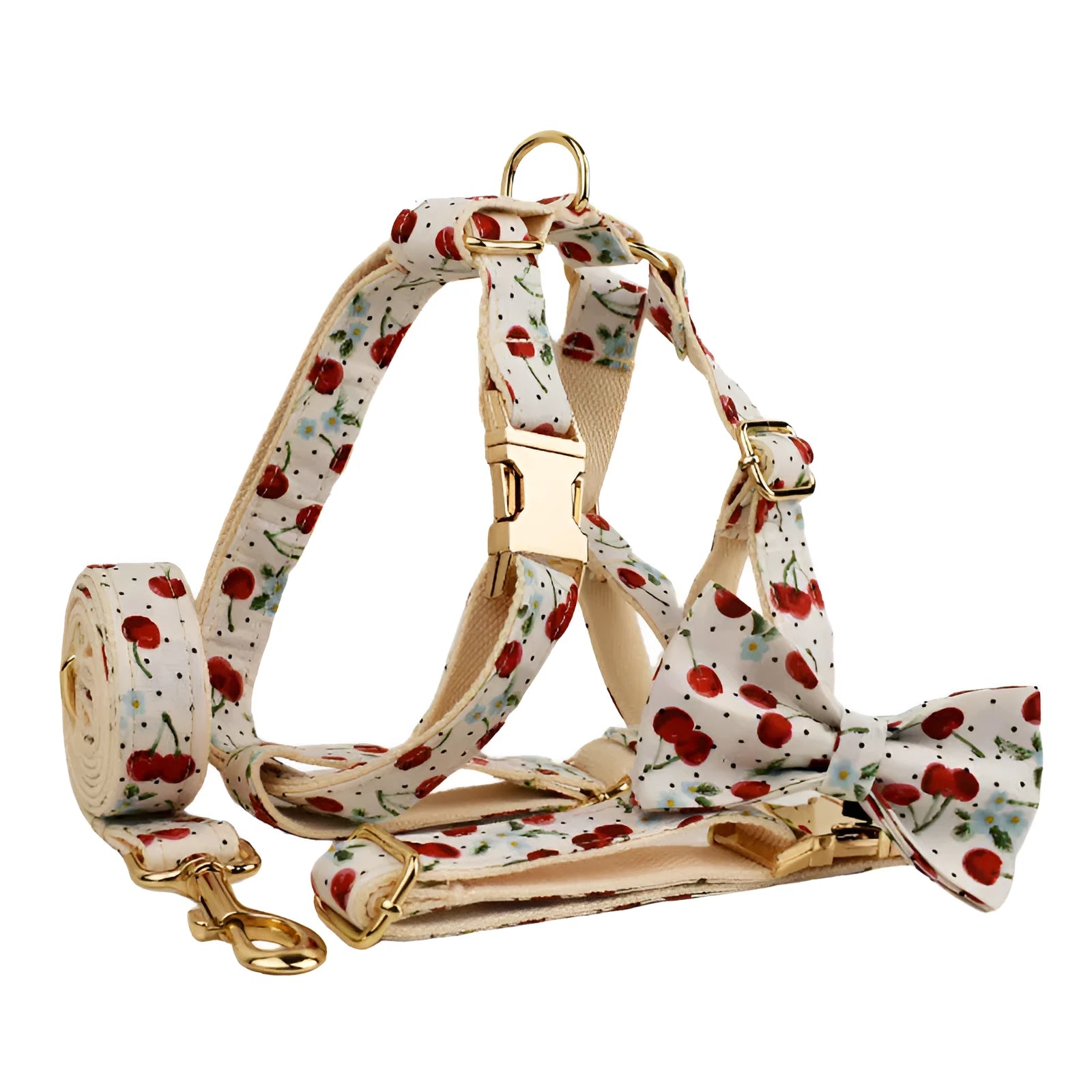 Red cherry print dog collar and leash set with light gold buckle, matching vest, bow, and poop bag holder.