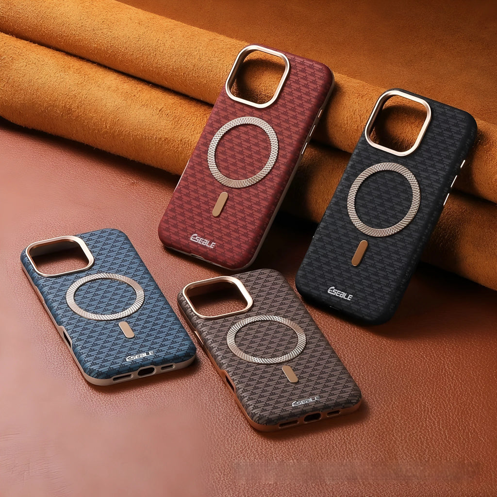 Triangle shield magnetic suction phone case in black for iPhone 15 drop-resistant leather cover