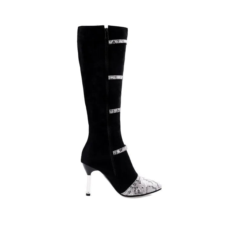 Grey and black women's knee-high boots with a thin 9cm high heel and velvet interior.