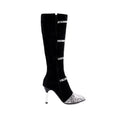 Grey and black women's knee-high boots with a thin 9cm high heel and velvet interior.