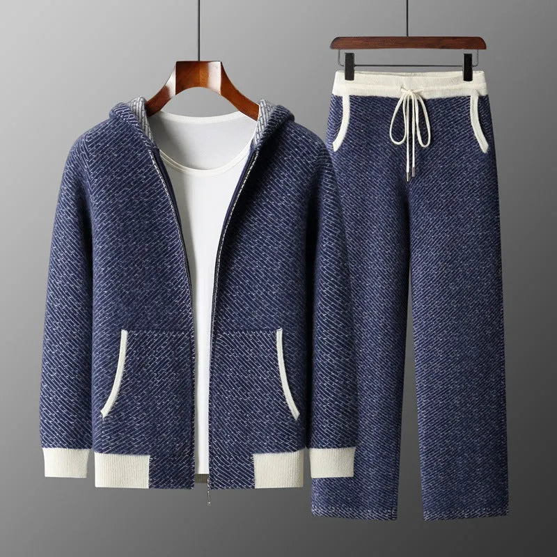 Men's hooded wool cardigan set with long sleeves and matching pants in black, blue, and camel