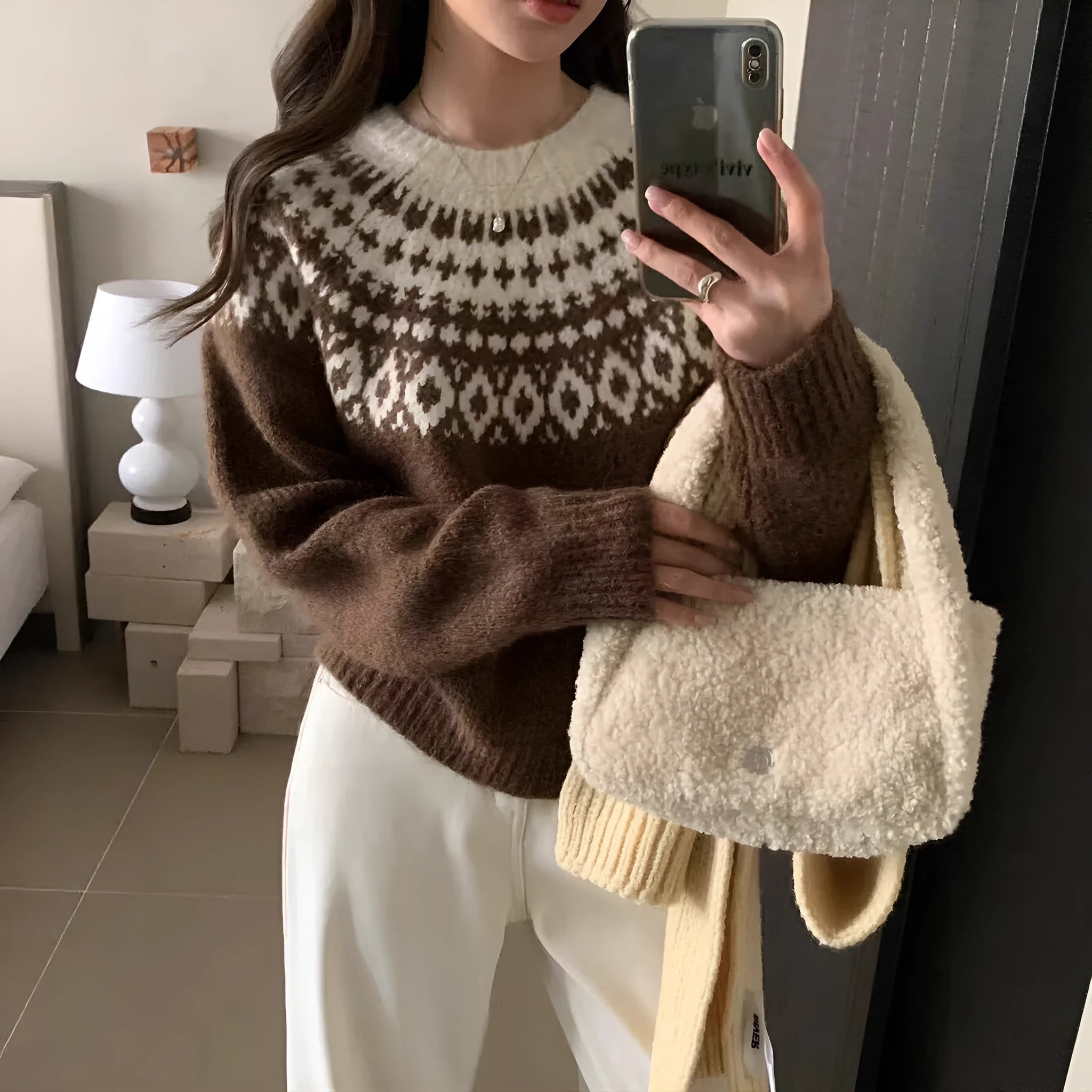 New round neck loose slimming Christmas style knitwear top in brown, red, and black with geometric pattern