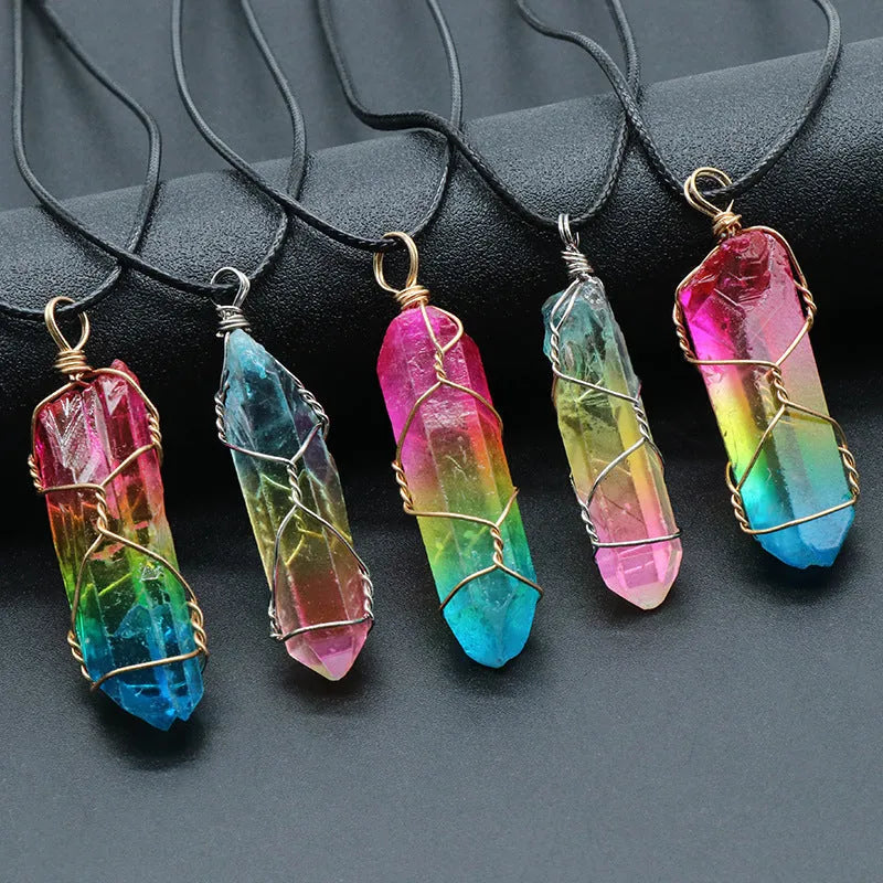 Stone crystal pillar tree of life pendant necklace with adjustable O-chain, rainbow and carnelian colour options