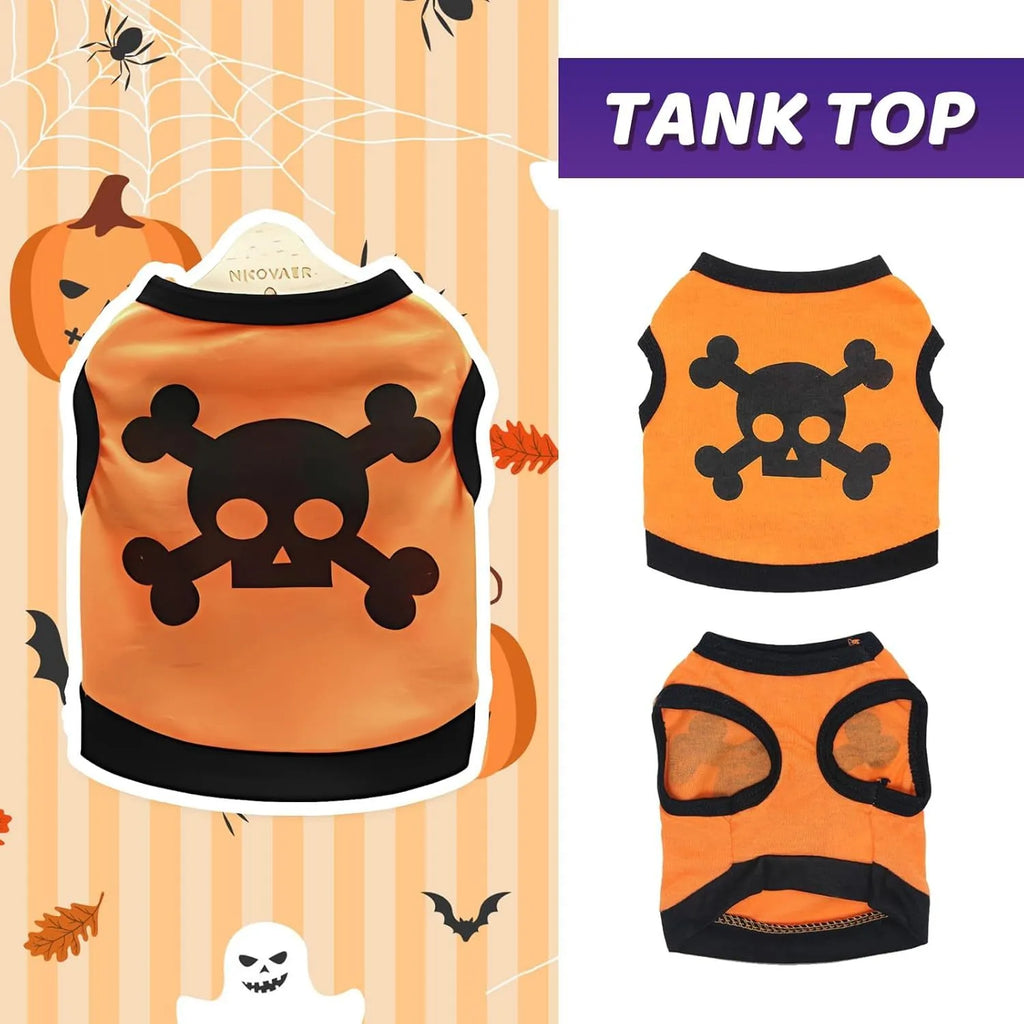 Dog wearing blue Halloween vest with skull bones pattern, stretch cotton pet costume